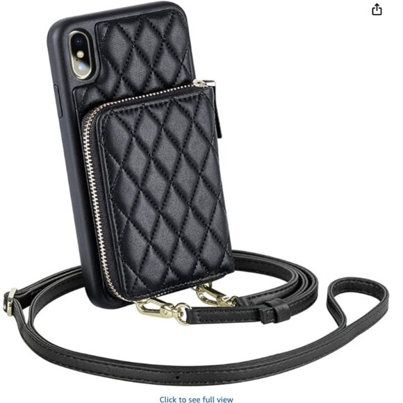 iPhone X Case Wallet with Card Holder Crossbody Faux Quilted Leather Black - Picture 1 of 6
